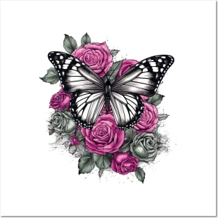 Butterfly and Pink Roses Posters and Art